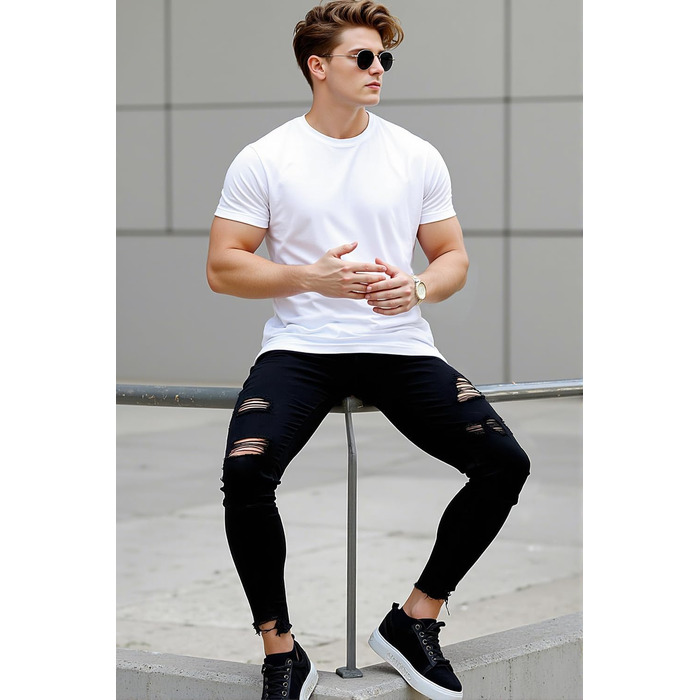 Чоловічі рвані джинси GINGTTO Skinny Stretch Denim Slim Fit, чорні, 32W/30L