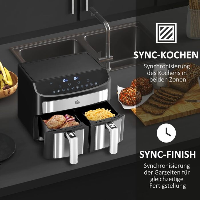 HOMCOM 8L Hot Air Fryer with Double Chamber, Air Fryer with 10 Programs, 2400W Air Fryer with Touchscreen, Recipe Book, Oil-Free, Black