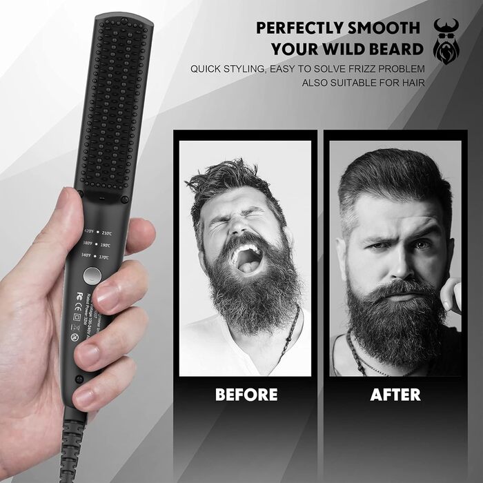 VIKICON Men's Beard Straightener - Mini Electric Beard Flat Iron, 30s Style Heated Brush Comb, Ionic Hair Straightener for Long & Short Beard Styling - Black