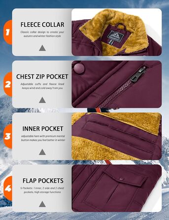 Чоловіча зимова куртка MAGCOMEN з підкладкою з флісу, тепла, з багатьма кишенями (XL, бордовий)