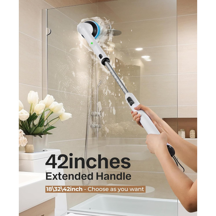 Електрична щітка для прибирання LyriFine, водонепроникна IPX7, з довгим руків'ям, 2 швидкості, з набором змінних насадок, для ванної кімнати, білий