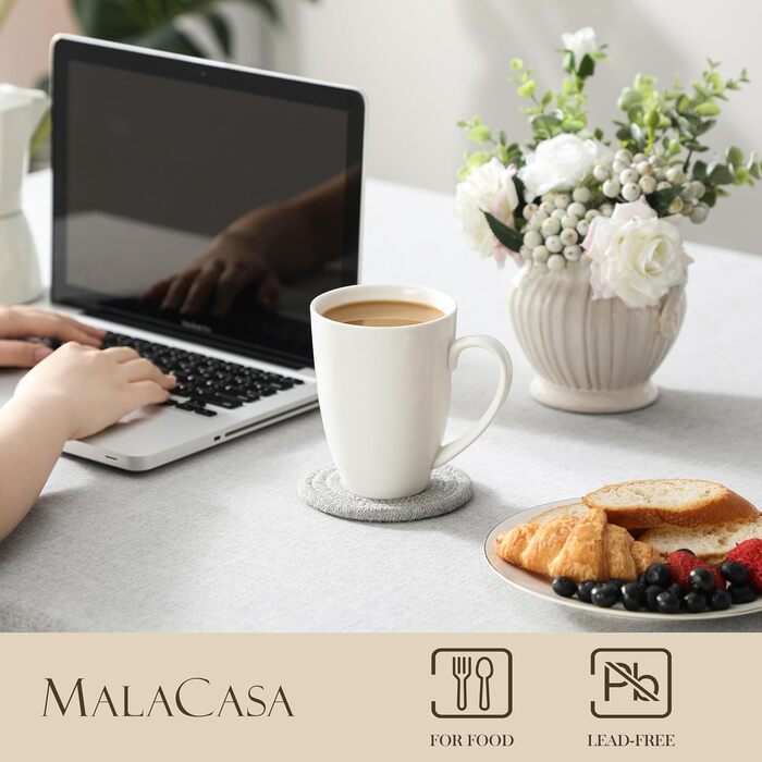 MALACASA Coffee Mugs Set of 6, Porcelain 560ML Mug Set, Large Modern Coffee Cups with Handle for Tea, Juice, Latte, Cappuccino, Hot Chocolate. Dishwasher and microwave safe, REG White Series