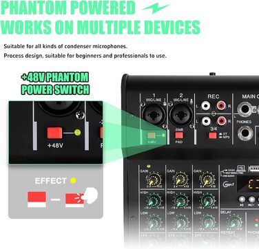 Аудіомікшер M4 з 4 каналами, 48V, Bluetooth, для студії, караоке, портативний, DJ-консоль