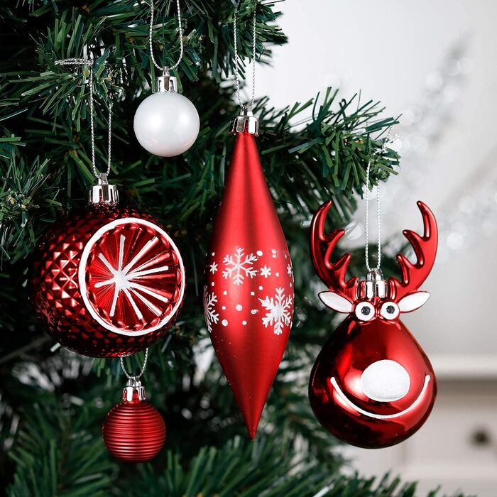Набір ялинкових прикрас Victor's Workshop 92 шт. – пластикові кулі, червоно-білі, з оленями для декору ялинки та святкування