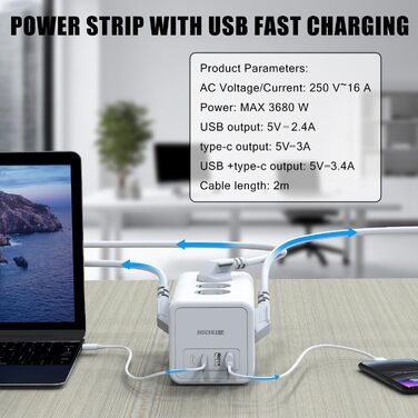 Блок розеток з USB-C, 4 розетки, плоский штекер, індивідуальне вмикання, куб з 2м плетеного кабелю для офісу, дому, подорожей - Білий 002-MF (12 розеток 2M - Білий)