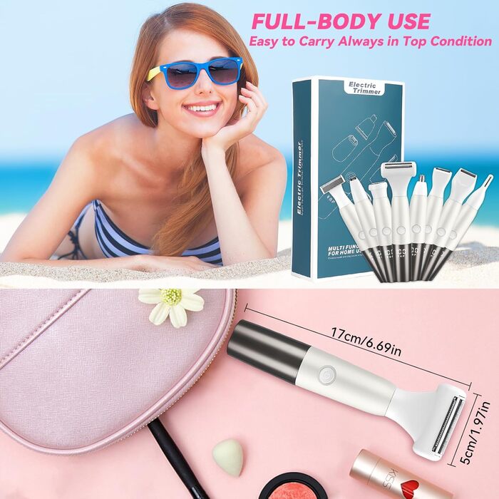 Електричний жіночий тример YGVQN 8-в-1 для тіла: бікіні, ноги, обличчя, брови, ніс. LED дисплей, водонепроникність IPX7, USB-зарядка.