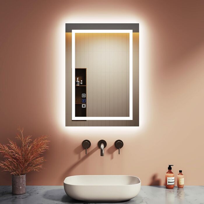 Дзеркало для ванної кімнати з підсвічуванням 60x50x3,5 см, LED, 6400K, біле світло, економія енергії, вертикальне/горизонтальне кріплення, антизапар, 3 колірні температури