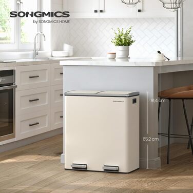 Сміттєвий відер SONGMICS на 60 л (2х30 л) з двома відсіками для сортування сміття, педальний кошик для кухні з Soft-close кришкою, металевий, мигдалевий (LTB060A01)