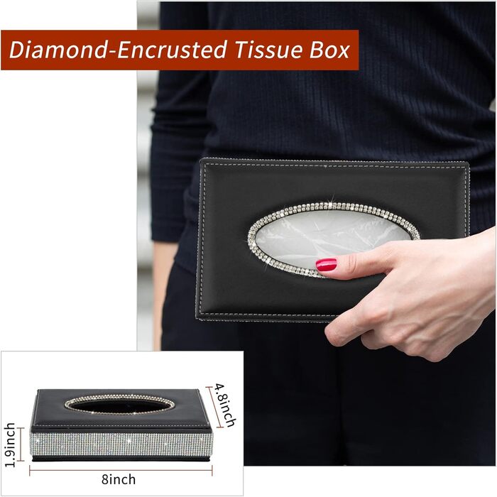 Rectangular tissue box – decorative tissue holder with sparkling crystal rhinestones and made from high-quality leather, perfect for car, office, home – Black