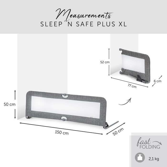 Захисний бортик для ліжка hauck Sleep N Safe Plus XL, дитячий, 150x50x44 см, складаний, для дітей 18 міс-5 років, сірий меланж, підходить для ліжок 200-220 см