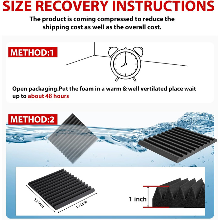 Акустичний поролон Foneso для звукоізоляції, панелі-поглиначі шуму 30x30x5 см, висока щільність 25кг/м³, 3D шумопоглинаючі плити для студії, офісу та кімнати запису, чорний (52 шт, з клейкою стрічкою)