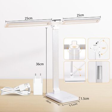 LED-лампа настільна з бездротовою зарядкою та годинником - настільна лампа з регулюванням яскравості, USB-порт, 3 режими, білий колір (Mt862-eu-white)