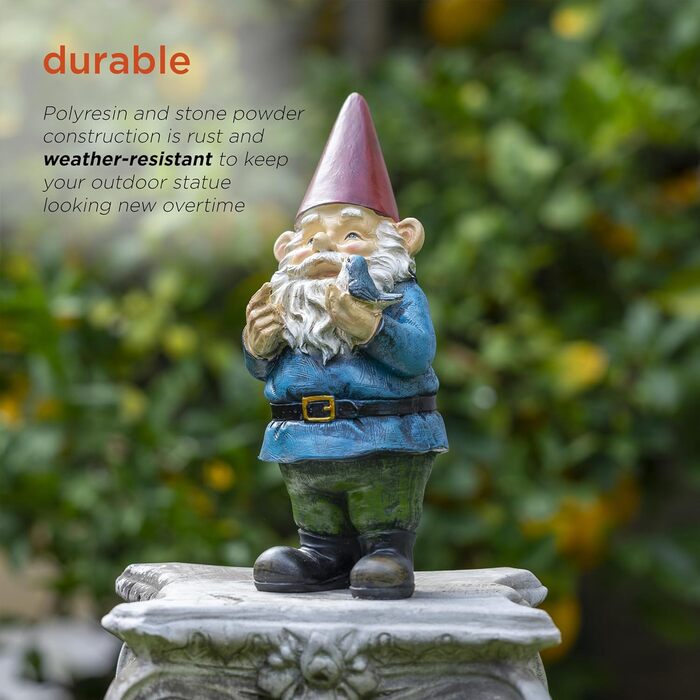 Alpine Corporation WAC406 Alpine Garden Gnome with Bird, Outdoor Decoration, 12 inches tall, red
