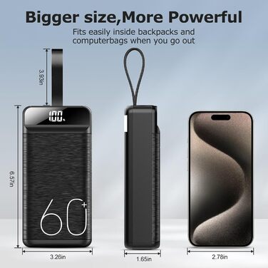 Power Bank 60000mAh 22,5W з LED-дисплеєм: Швидка зарядка USB-C, 4 виходи, 3 входи для більшості пристроїв