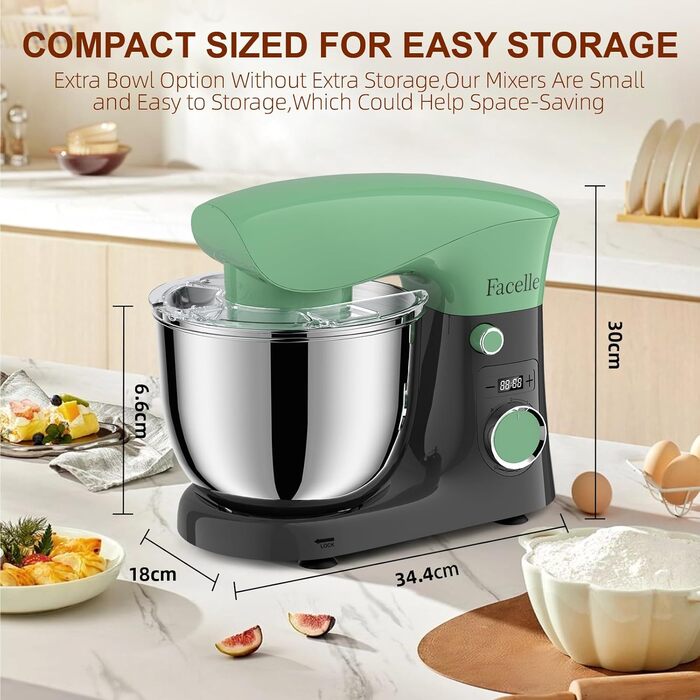 Кухонна машина/міксер Facelle 1500W з 5.5L та 4.5L чашами, 10+ програм, тиха робота, з набором насадок (зелено-сірий)