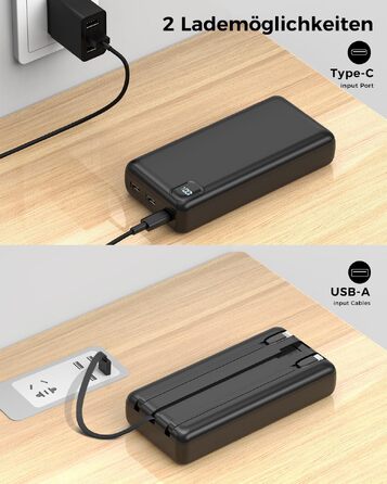 Повербанк Powerbank 50000mAh P500C з вбудованими кабелями та LED-дисплеєм, швидка зарядка USB-C, зовнішній акумулятор для iPhone, Android та планшетів, чорний