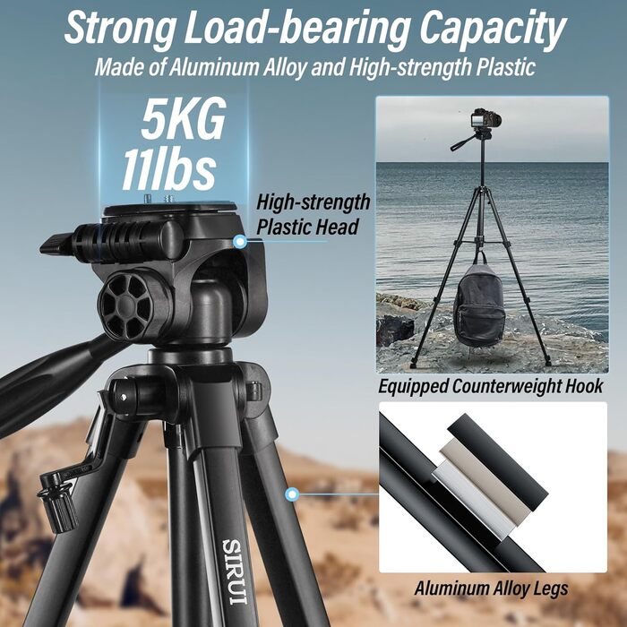 Штатив для камери SIRUI 154 см, алюмінієвий трипод з кріпленням для телефону, максимальне навантаження 5 кг