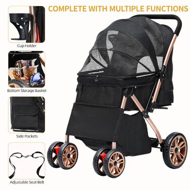 Візок для собак DWVO 3-в-1: візок, переноска, сумка для транспортування. Підходить для собак та котів до 22 кг. Зручний, складаний, з міцними EVA-колесами, кошиком та сітковими віконцями. Розміри: 58,5x76x105 см. Чорний колір.