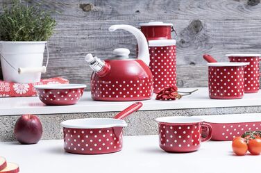 Riess, 0543-077, Whistling Kettle Plus, COUNTRY - DOT RED, Diameter 18 cm, Height 21.7 cm, Capacity 2 liters, Enamel, red, Induction 2 liters Red/White