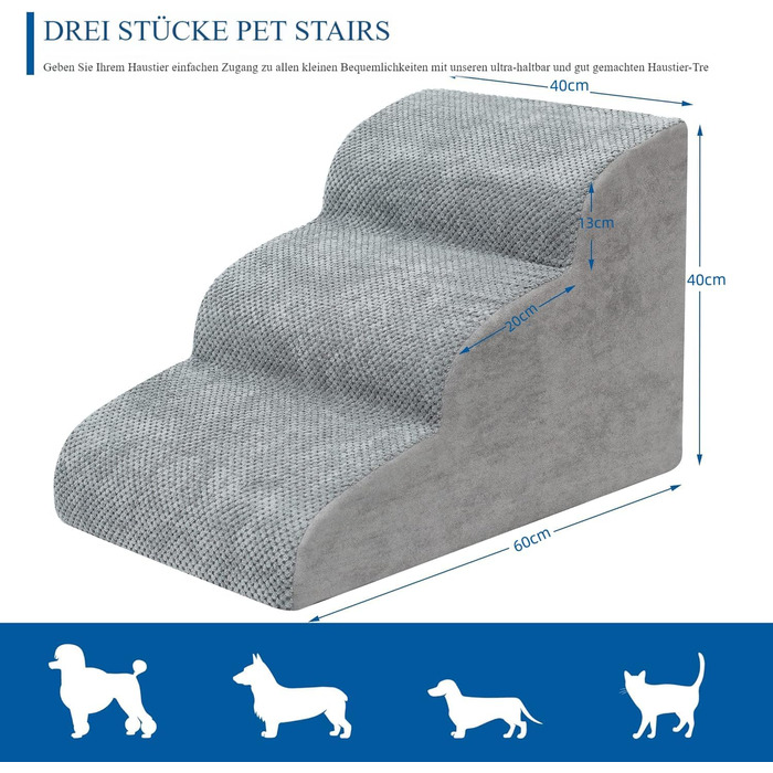 Сходинка для собак 3 сходинки, для маленьких собак, до ліжка/дивану, водонепроникна, з неслизьким покриттям, знімний чохол, з високощільним губчастим наповнювачем, 60x40x40 см