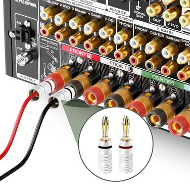 8 шт. бананові конектори 24K позолота для акустичних кабелів, Hi-Fi аудіо, домашній кінотеатр, 4 червоні, 4 чорні, сумісні з кабелями 0.75 мм - 4 мм