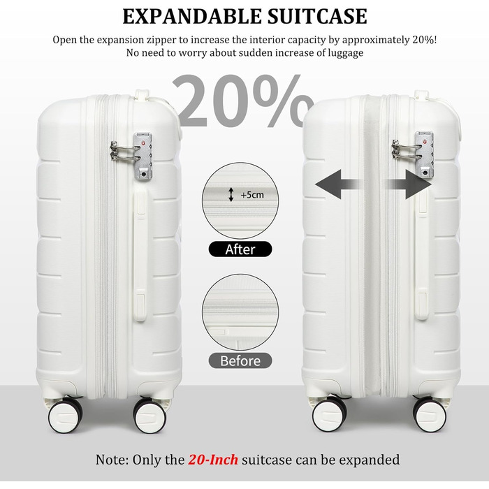 Валіза-тележка Sea Choice з жорстким корпусом, розширювана, ручна поклажа, 55 см, білий колір, з TSA замком та 360° колесами