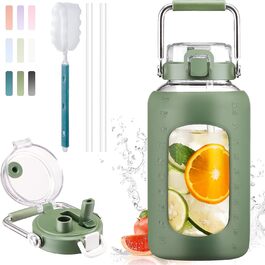 BLUEGO 2500ml Glass Drinking Bottle with Stainless Steel Handle, 2.5L Large Water Bottle with Time Markers and Silicone Sleeve, Half Gallon Water Jug BPA-Free for Sports, Daily Use, Light Green (Olive)