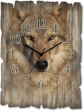 ARTLAND Wall Decor Wall Clock without Ticking Sounds, Wood, 30x40 cm, Rectangular, Silent, Nature, Animals, Forest Landscape, Original, Nordic, T5YP (Wolf, Radio Clock)