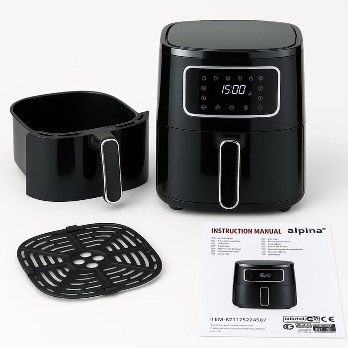 Фритюрниця Alpina Airfryer 4.5L з цифровим дисплеєм - фритюрниця без олії, 1450W, для 1-4 осіб, регулювання температури 80-200°C, таймер