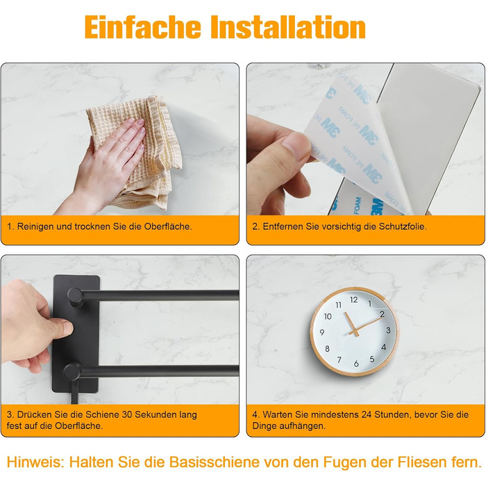 Тримач для рушників без свердління, 60 см, самоклеючий, з гачками, нержавіюча сталь, вологостійкий, для ванної кімнати та кухні (Чорний, 40 см)