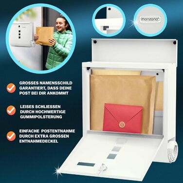 Поштовий ящик Monzana Kreuzschloss з мідним циліндром, поворотна кришка 31x10x34 см, вікно, табличка для імені, відділ для газет, сталь, 2 ключі, чорно-срібний (білий)