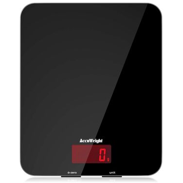 Кухонні ваги ACCUWEIGHT 5 кг з LCD-дисплеєм з міцного скла, функція тарування, ваги для листів, висока точність до 1 г, для випічки, приготування їжі, ювелірних виробів, батарейки в комплекті, автоматичне вимкнення, чорний