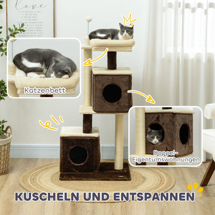 PawHut Дряпка для котів 107 см, котячий комплекс з котячою печерою, ліжком, іграшковим м'ячиком, котячий дряпка-столб з сизалевими дряпальниками, для котів до 5 кг, Темно-коричневий | Aosom