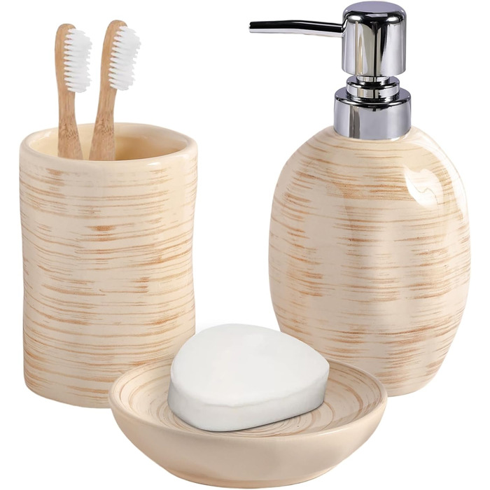 Набір для ванної кімнати на 3 предмети: органайзер з кераміки (тримач для зубних щіток, дозатор мила, мильниця), стильна декор у стилі бохо, мармурова текстура, бежевий колір