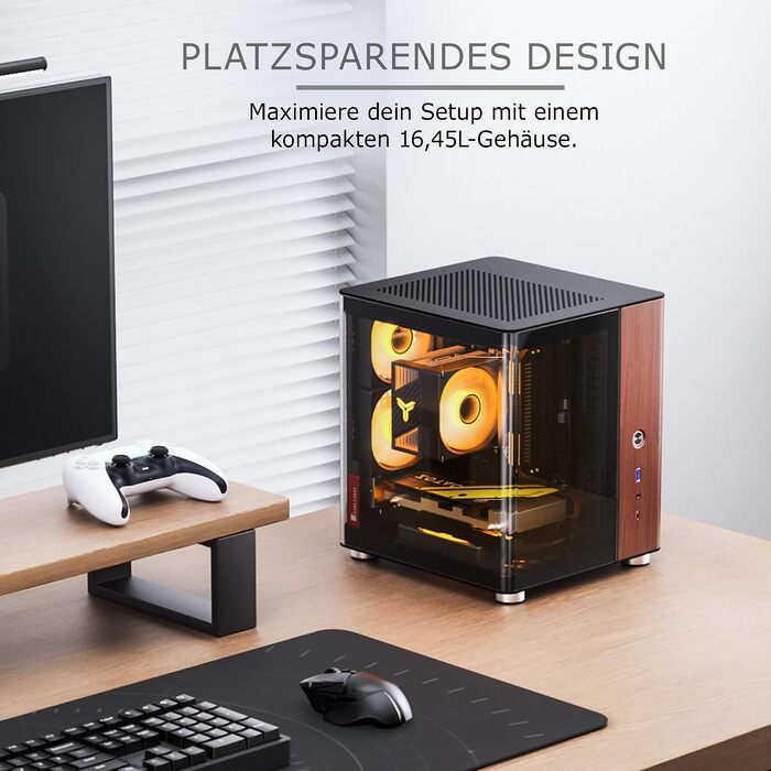 Корпус для ПК Jonsbo TK-0 Mini-ITX, чорний — SFF корпус із загартованим склом та дерев'яними елементами, підтримка відеокарт до 230мм, USB-C