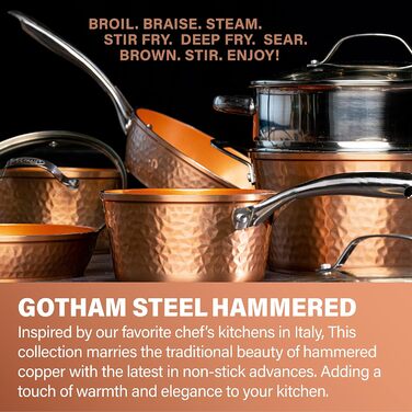 Сковорода Gotham Steel 30 см з антипригарним покриттям та кришкою, Hammered Copper Collection, преміум-алюмінію, нержавіючі ручки, індукційна плита, для яєць