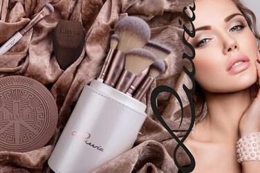 Luvia Prime Vegan Pro Makeup Brush Set - 12 Brushes, Blender Sponge, Cleaning Mat - Pearl & Coffee