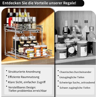 Висувна полиця для спецій з нержавіючої сталі, органайзер для спецій, 2 яруси, регульована висота, кухонний органайзер, система полиць для спецій для кухонної шафи, стояча полиця для спецій для внутрішньої частини шафи