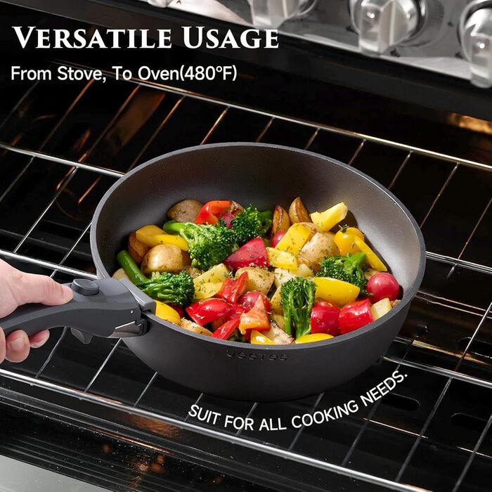 Набір посуду JEETEE 20 предметів з антипригарним титановим покриттям та знімною ручкою, для індукційних плит, з кришками, сірий