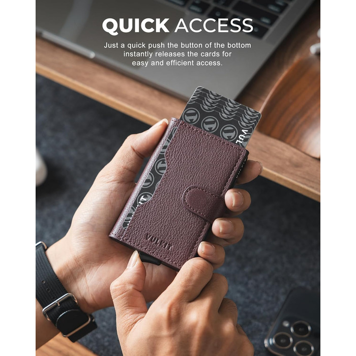 Чоловіче картхолдер VULKIT з RFID блокуванням, з металевою конструкцією, 3 відділення для кредитних карт та віконцем для посвідчення, компактний гаманець з магнітною застібкою, червоне шкіряне покриття (справжня шкіра Litchi Espresso)