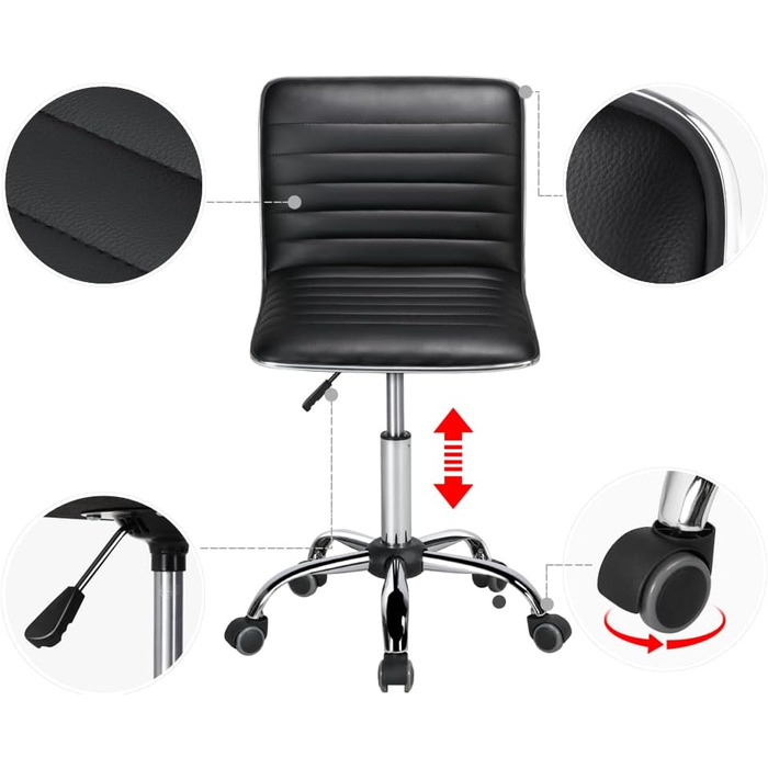 Офісне крісло Yaheetech без підлокітників, регульоване, поворотне на 360°, з роликами, чорне, з екошкіри