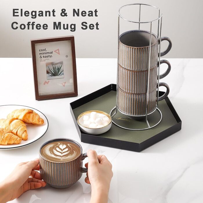 Набір кавових чашок Hasense з кераміки (4 шт.) з підставкою, 425 мл, великі ребристі чашки для лате, капучино, чай, гарячий шоколад, мийка в посудомийній машині, коричневі