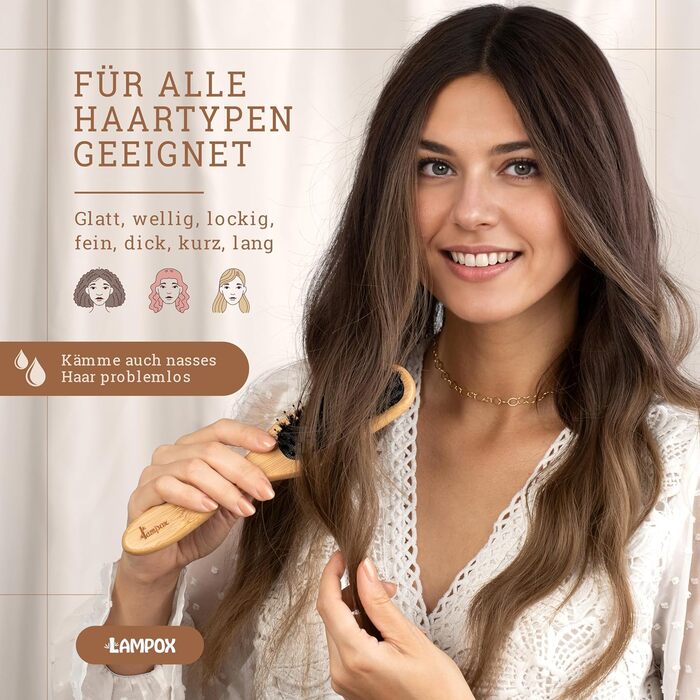 Бамбукова щітка для волосся Lampox з щетиною дикого кабана, масажна щітка для голови, розпушувач для довгих волосся та кучерів, для жінок, чоловіків та дітей