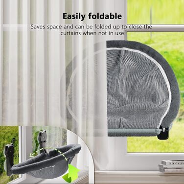 Window perch for cats, foldable & stable cat beds - breathable cat window hammock for monitoring, sunbathing, and climbing - holds up to 18kg max (faux fur rabbit, gray)