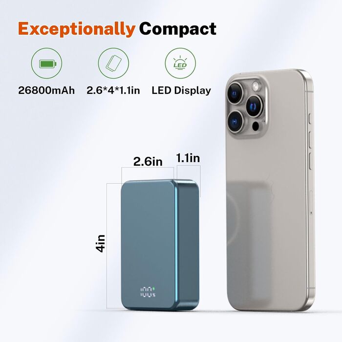 Магнітний Power Bank бездротової зарядки 26800mAh, швидка портативна зарядка з USB-C, для iPhone 16/15/4/13/12 та Android