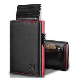 Чоловічий гаманець з RFID-захистом та відділенням для монет, Smart Wallet з вікном для документів, шкіряний гаманець для карт (чорно-червоний)