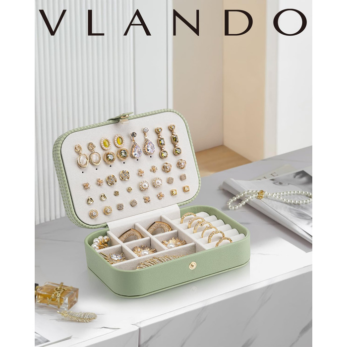 Скринька для прикрас Vlando, органайзер для подорожей, зелений. Компактне зберігання сережок, каблучок та інших аксесуарів. Ідеальний подарунок для жінок та дівчат.