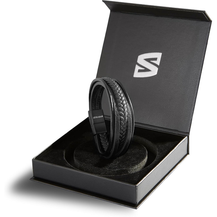 Браслет чоловічий шкіряний SERASAR Premium плетінка, чорно-коричневий, магнітний замок, 21 см, в подарунковій коробці