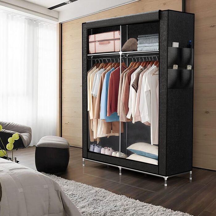 INTIRILIFE Folding Wardrobe 108x170x45 cm in Raven BLACK - Fabric Clothes Closet with Zipper and Clothes Rail, Side Pocket and Compartments - Shelf Unit, Metal Frame, Storage