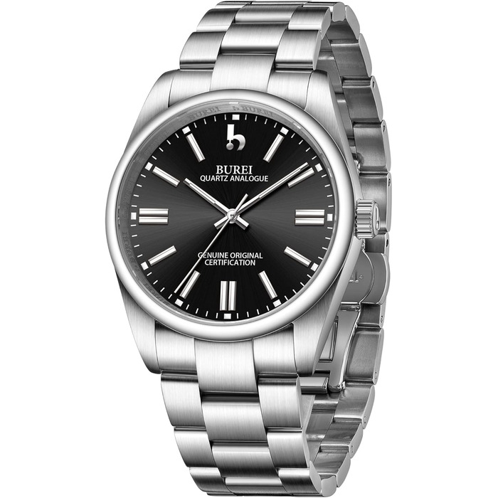 Годинник чоловічий BUREI - елегантний кварцовий годинник з нержавіючої сталі (чорний/сріблястий)